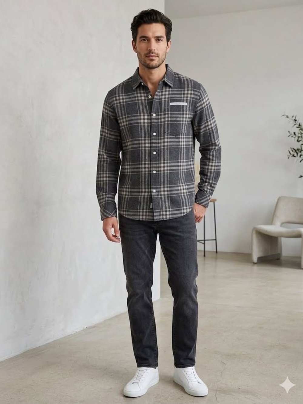 Rails Men's Slim Plaid Shirt in Charcoal Gray and White